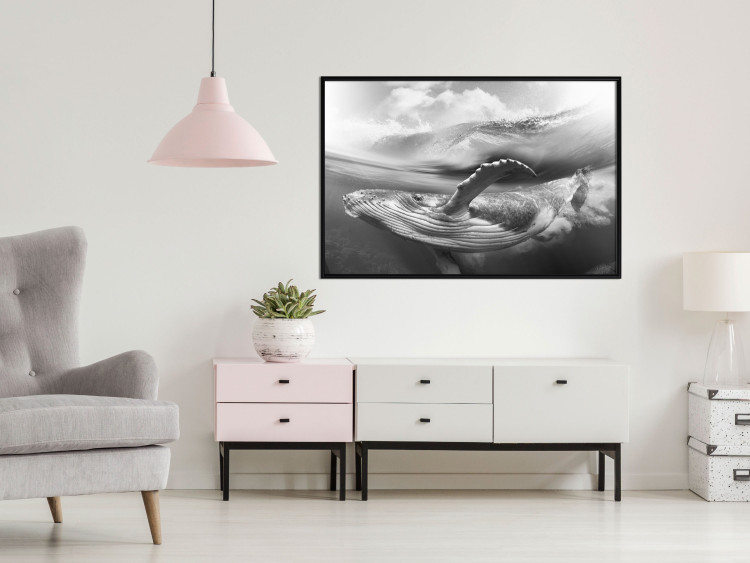 Wall Poster Black and White Whale - maritime landscape with a whale against waves 126829 additionalImage 6