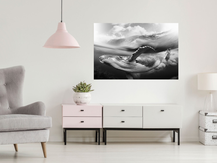 Wall Poster Black and White Whale - maritime landscape with a whale against waves 126829 additionalImage 4