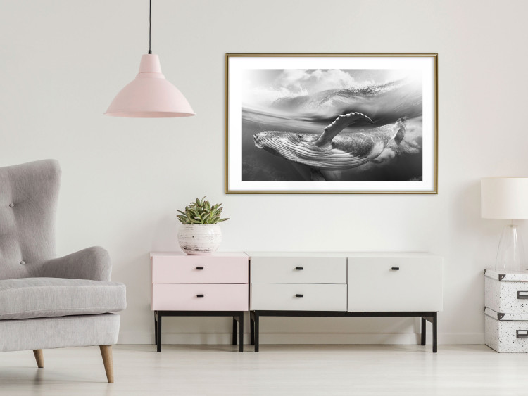 Wall Poster Black and White Whale - maritime landscape with a whale against waves 126829 additionalImage 15