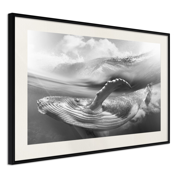 Wall Poster Black and White Whale - maritime landscape with a whale against waves 126829 additionalImage 2