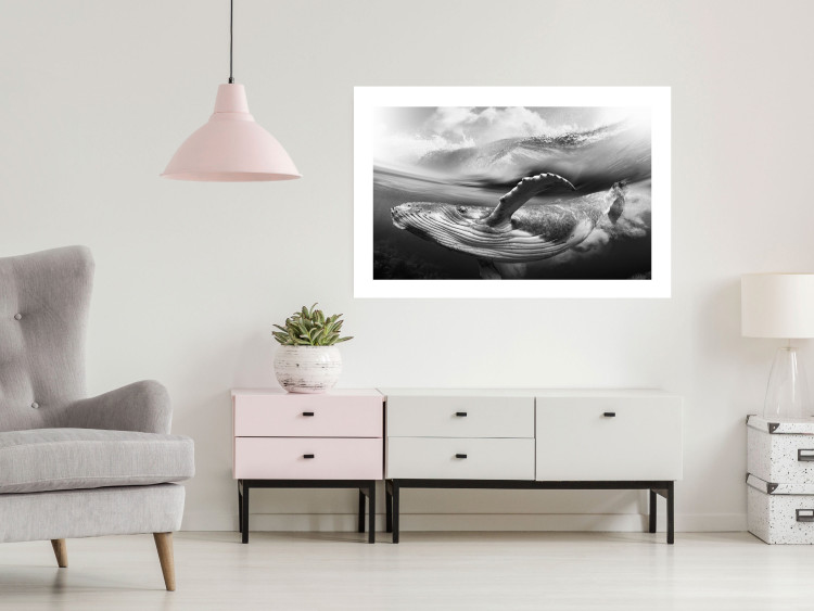 Wall Poster Black and White Whale - maritime landscape with a whale against waves 126829 additionalImage 5