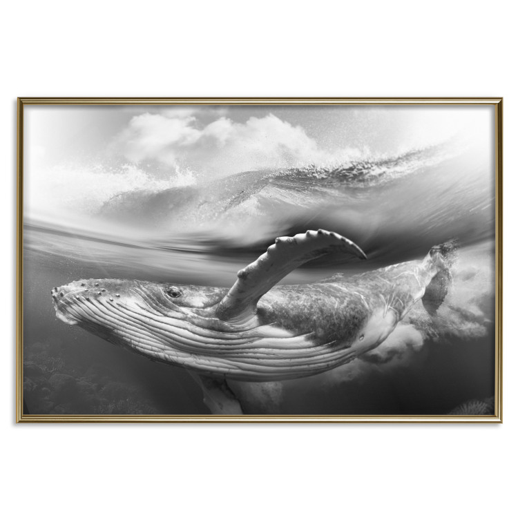 Wall Poster Black and White Whale - maritime landscape with a whale against waves 126829 additionalImage 21