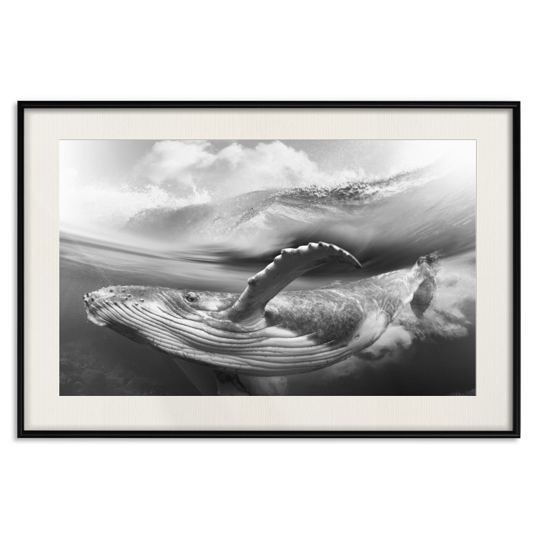 Wall Poster Black and White Whale - maritime landscape with a whale against waves 126829 additionalImage 19