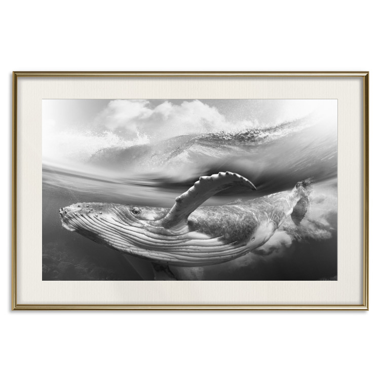 Wall Poster Black and White Whale - maritime landscape with a whale against waves 126829 additionalImage 20