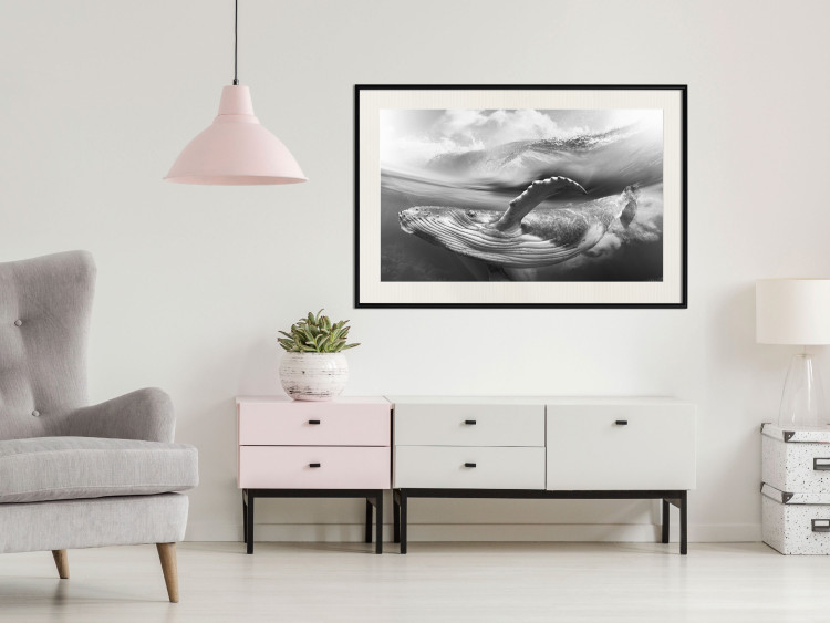 Wall Poster Black and White Whale - maritime landscape with a whale against waves 126829 additionalImage 24