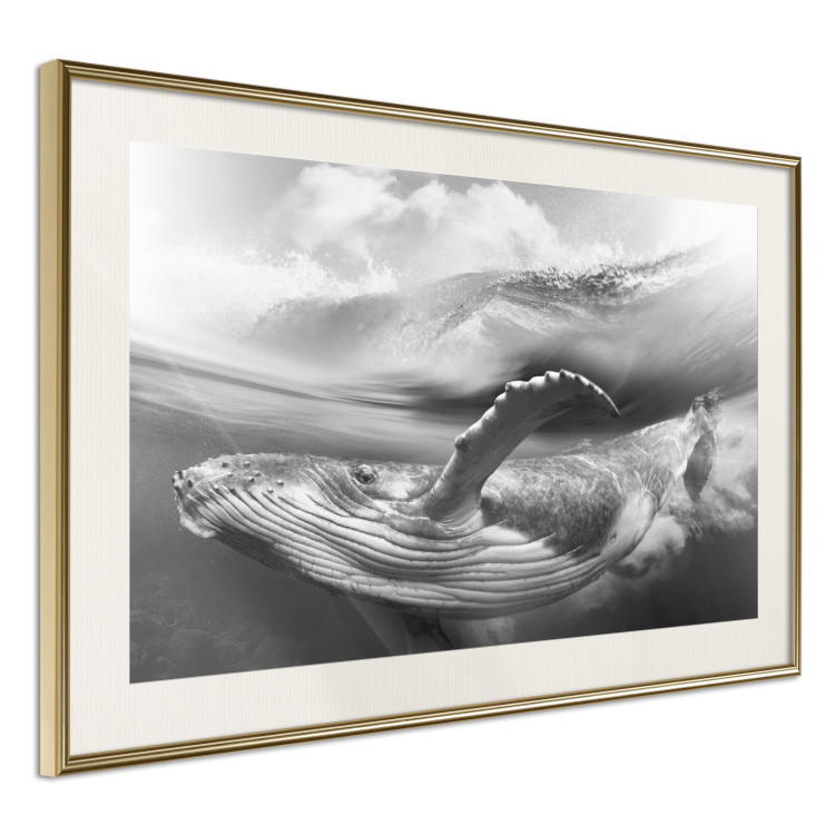 Wall Poster Black and White Whale - maritime landscape with a whale against waves 126829 additionalImage 3