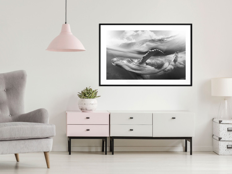Wall Poster Black and White Whale - maritime landscape with a whale against waves 126829 additionalImage 23