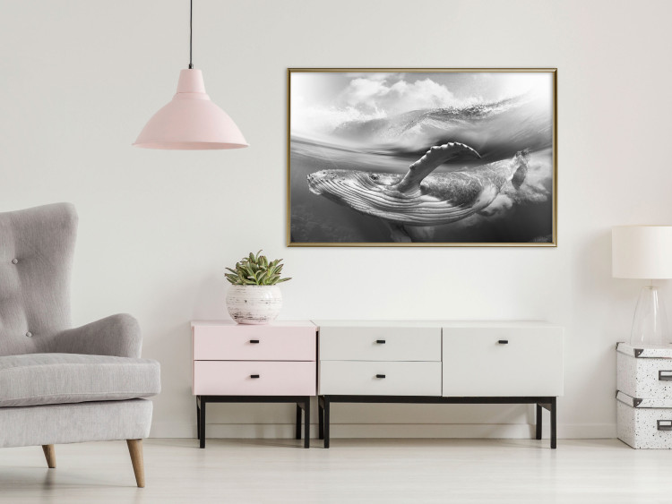 Wall Poster Black and White Whale - maritime landscape with a whale against waves 126829 additionalImage 7