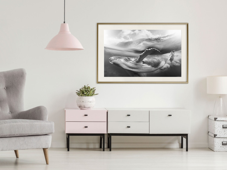 Wall Poster Black and White Whale - maritime landscape with a whale against waves 126829 additionalImage 22