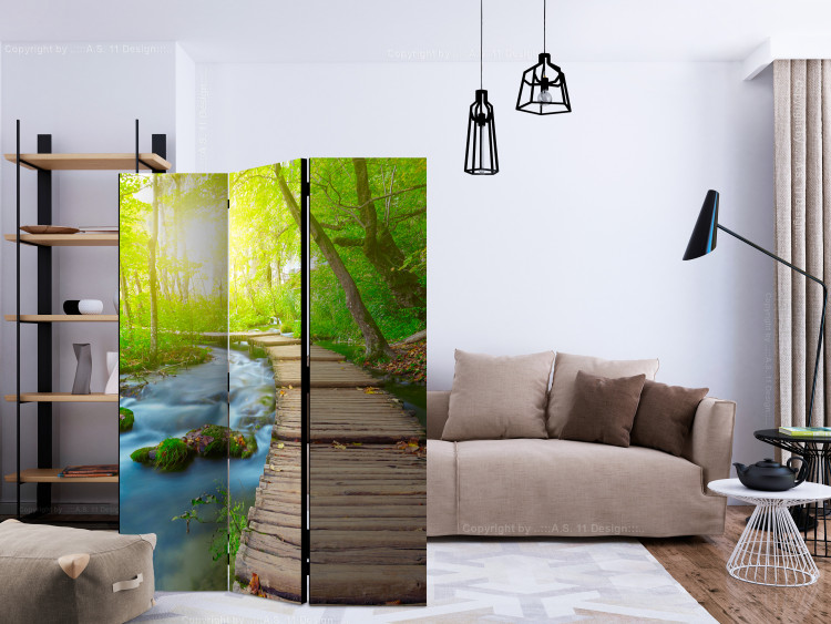 Room Divider Screen Green Forest - landscape of a wooden bridge in the forest against the sunlight 134029 additionalImage 4
