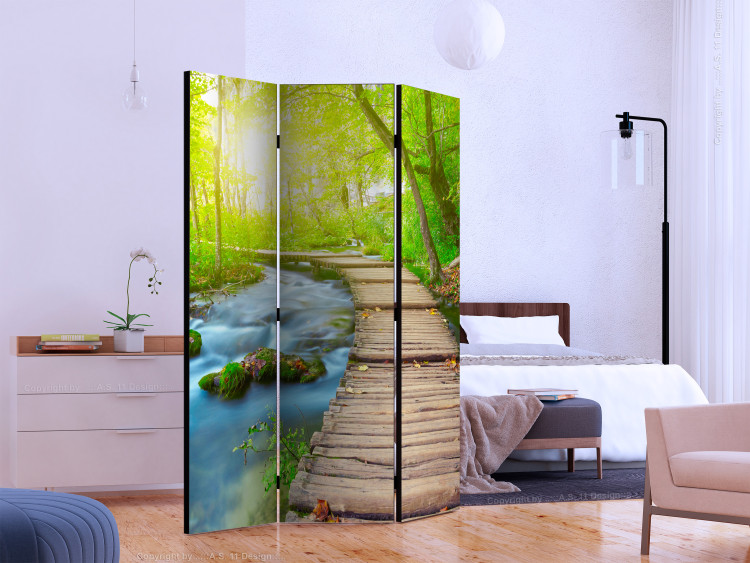Room Divider Screen Green Forest - landscape of a wooden bridge in the forest against the sunlight 134029 additionalImage 2