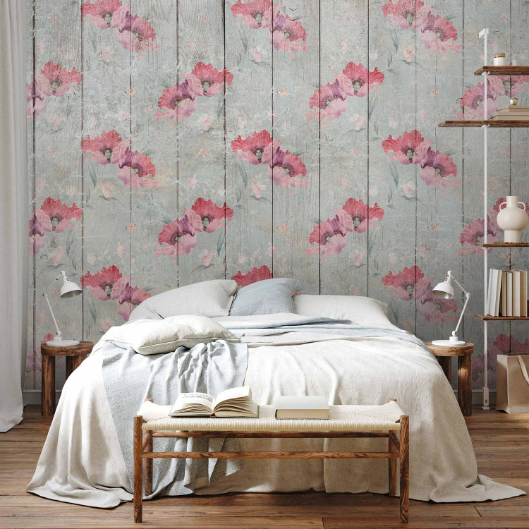 Wall Mural Red vintage poppies - solid background with plant motif pattern 142729 additionalImage 2