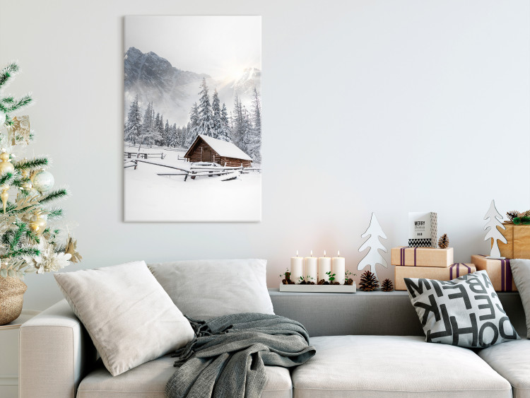 Canvas Art Print Winter Morning - Sunrise Landscape Over the Mountains, Forest and a Cottage 148429 additionalImage 3