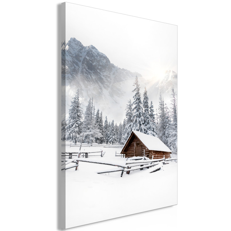 Canvas Art Print Winter Morning - Sunrise Landscape Over the Mountains, Forest and a Cottage 148429 additionalImage 2