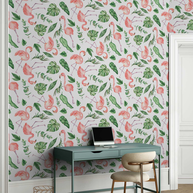 Modern Wallpaper Exotic Pattern - Pink Flamingos and Green Leaves on a White Background 150029 additionalImage 5