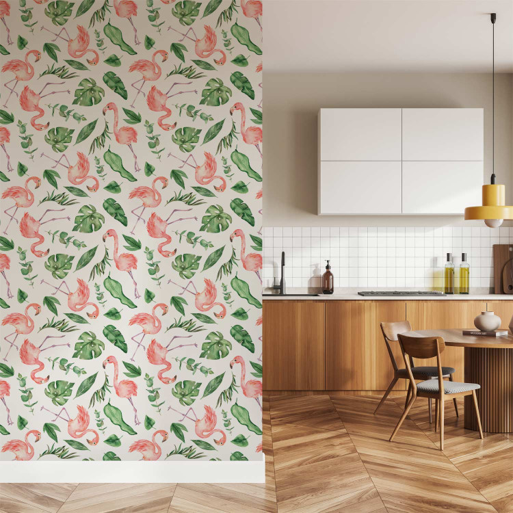 Modern Wallpaper Exotic Pattern - Pink Flamingos and Green Leaves on a White Background 150029 additionalImage 8