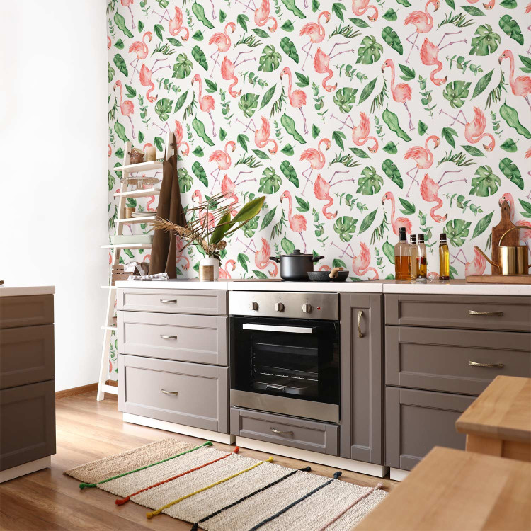 Modern Wallpaper Exotic Pattern - Pink Flamingos and Green Leaves on a White Background 150029 additionalImage 9