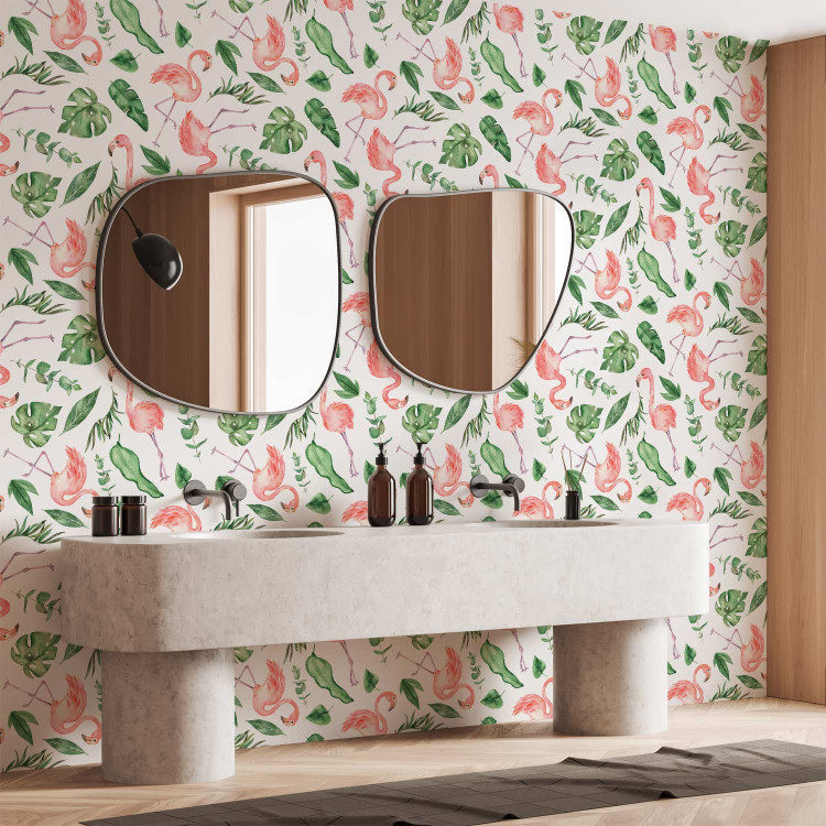 Modern Wallpaper Exotic Pattern - Pink Flamingos and Green Leaves on a White Background 150029 additionalImage 10