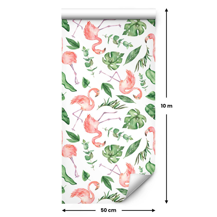 Modern Wallpaper Exotic Pattern - Pink Flamingos and Green Leaves on a White Background 150029 additionalImage 7