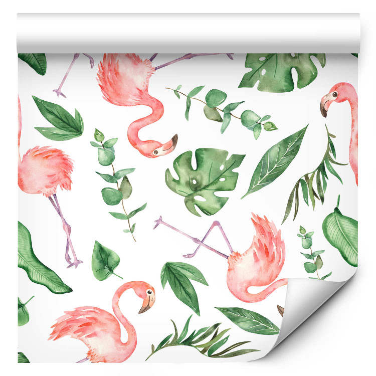 Modern Wallpaper Exotic Pattern - Pink Flamingos and Green Leaves on a White Background 150029 additionalImage 6
