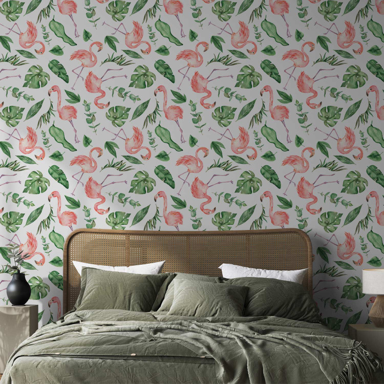 Modern Wallpaper Exotic Pattern - Pink Flamingos and Green Leaves on a White Background 150029 additionalImage 4