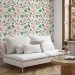 Modern Wallpaper Exotic Pattern - Pink Flamingos and Green Leaves on a White Background 150029