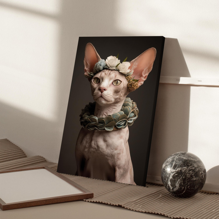 Canvas Art Print AI Sphinx Cat - Animal Portrait With Long Ears and Plant Jewelry - Vertical 150129 additionalImage 11