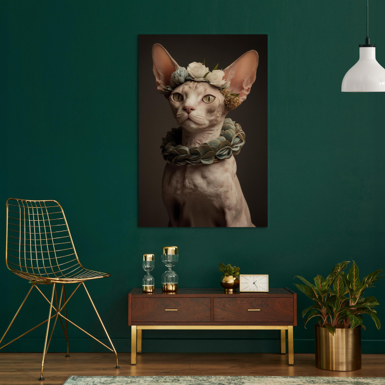 Canvas Art Print AI Sphinx Cat - Animal Portrait With Long Ears and Plant Jewelry - Vertical 150129 additionalImage 9