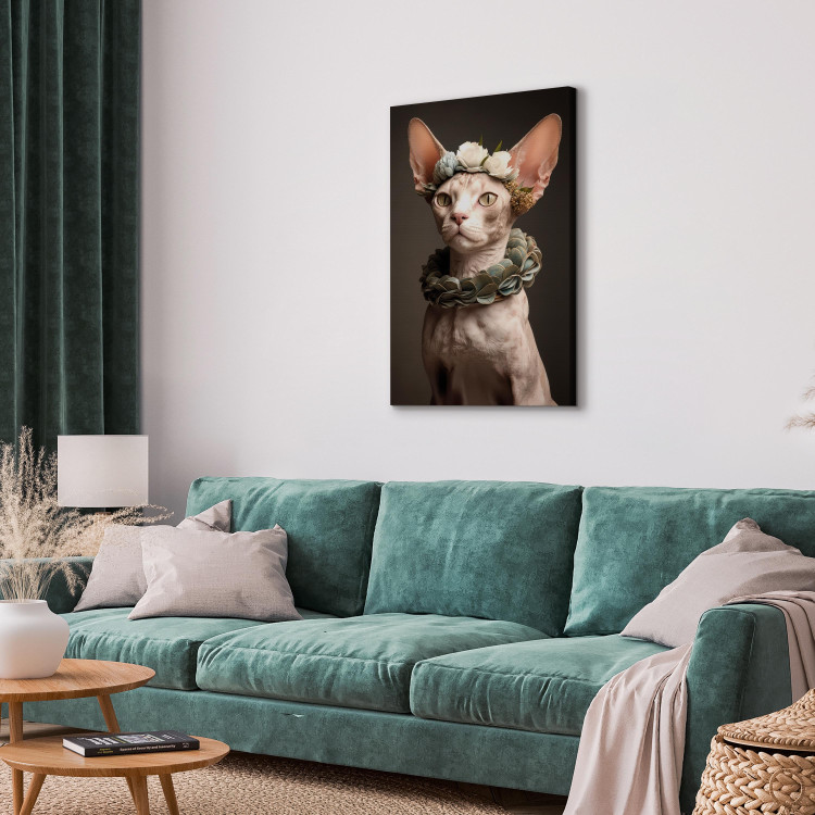 Canvas Art Print AI Sphinx Cat - Animal Portrait With Long Ears and Plant Jewelry - Vertical 150129 additionalImage 10