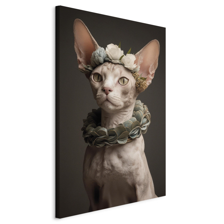Canvas Art Print AI Sphinx Cat - Animal Portrait With Long Ears and Plant Jewelry - Vertical 150129 additionalImage 2