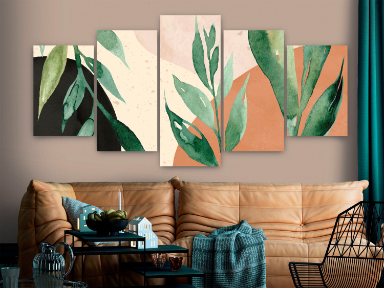 Canvas Print Large Leaves - Plants on an Abstract Background in Shades of Beige and Brown 151429 additionalImage 3