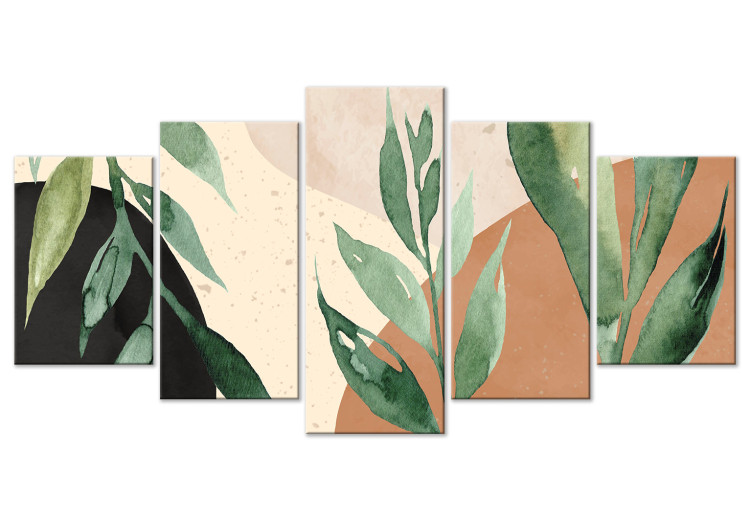Canvas Print Large Leaves - Plants on an Abstract Background in Shades of Beige and Brown 151429