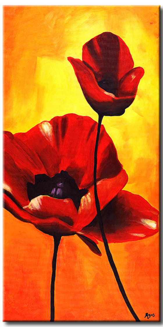Canvas Art Print Poppies (1-piece) - floral motif of red flowers on an orange background 47229