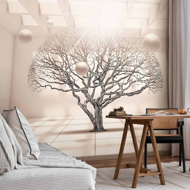Wall Mural Geometric Landscape - Leafless Tree in Beige Space with Spheres 64629 additionalImage 4