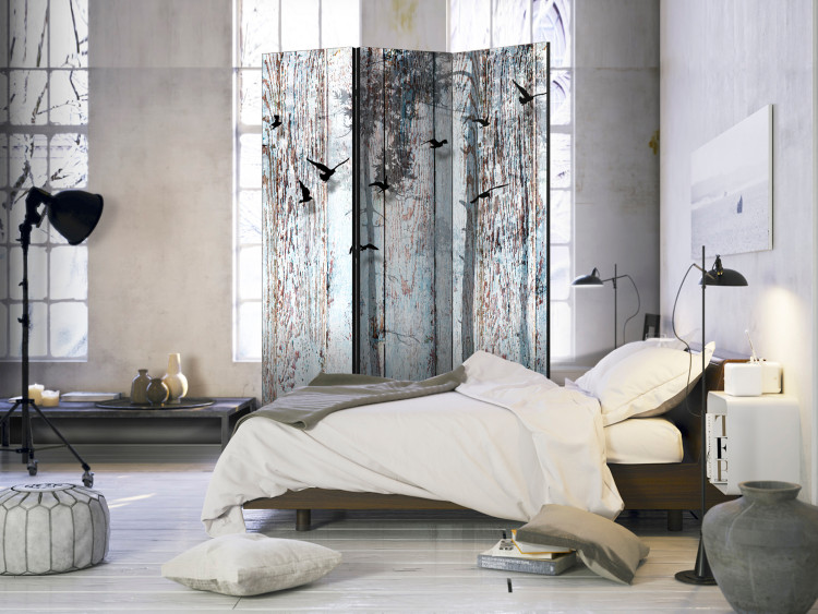 Room Divider Screen Rustic Planks - texture of old wooden planks with bird motif 107639 additionalImage 2