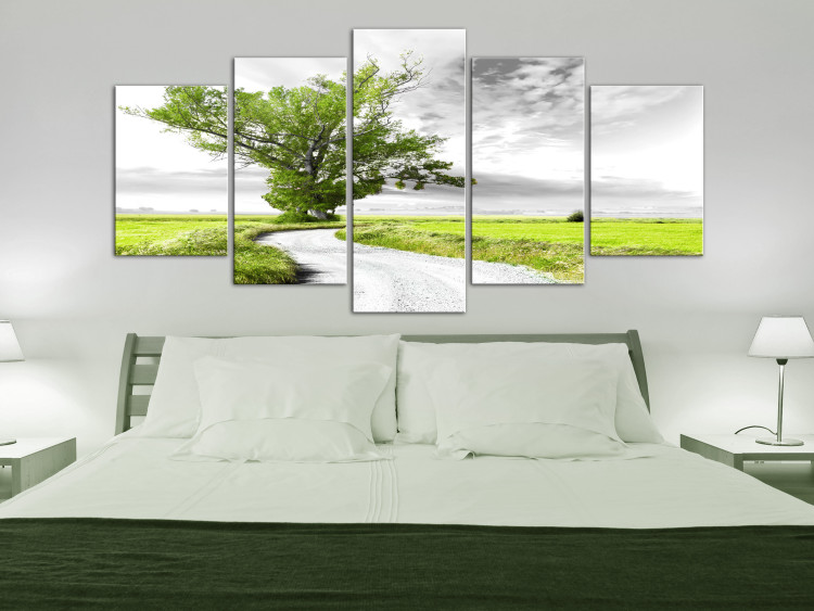 Canvas Print Tree by the Road (5-part) - Landscape of Solitary Green Tree 107739 additionalImage 3