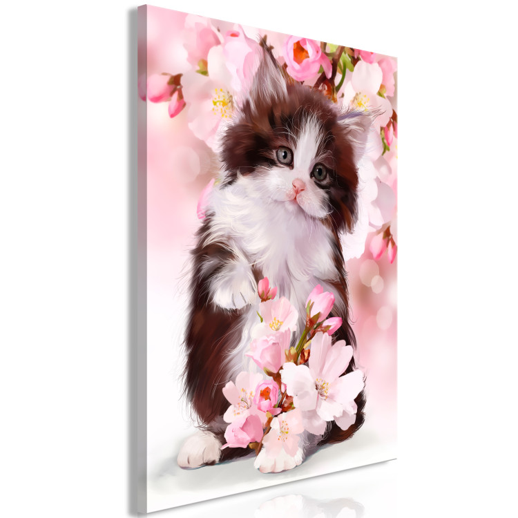 Canvas Art Print Sweet Kitten (1-part) Vertical - Animal on Pink Flowers Background 108239 additionalImage 2