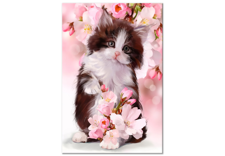 Canvas Art Print Sweet Kitten (1-part) Vertical - Animal on Pink Flowers Background 108239
