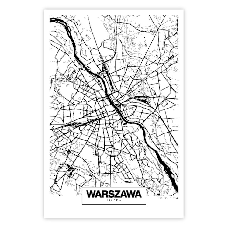 Poster City Map: Warsaw - black and white map of Warsaw with city name 123839