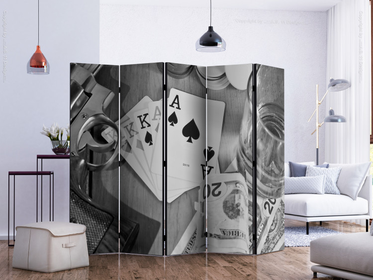 Folding Screen Cards: Black and White II (5-piece) - alcohol in a glass and poker 132539 additionalImage 2