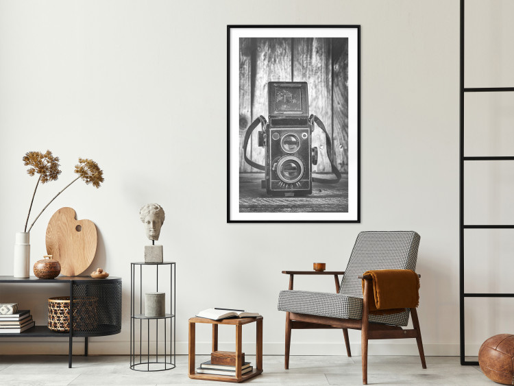Poster Retro Dream - black and white composition with a phone on wooden planks background 137239 additionalImage 15