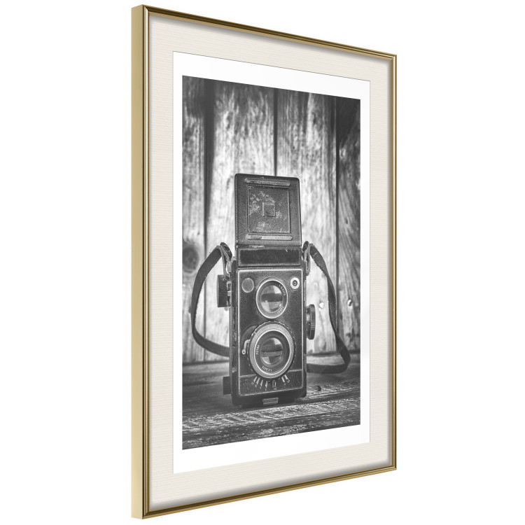 Poster Retro Dream - black and white composition with a phone on wooden planks background 137239 additionalImage 3