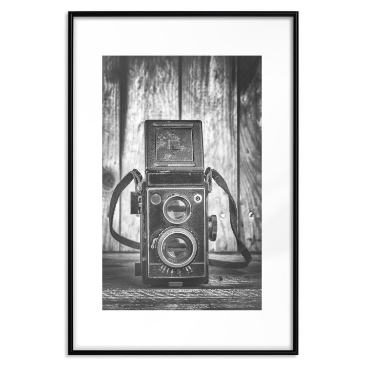 Poster Retro Dream - black and white composition with a phone on wooden planks background 137239 additionalImage 19