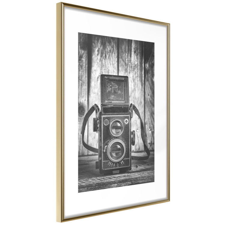 Poster Retro Dream - black and white composition with a phone on wooden planks background 137239 additionalImage 2