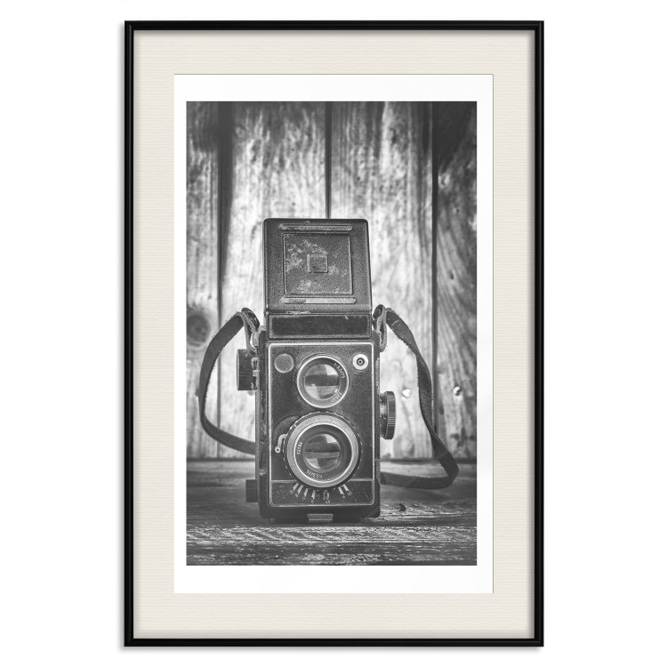Poster Retro Dream - black and white composition with a phone on wooden planks background 137239 additionalImage 17