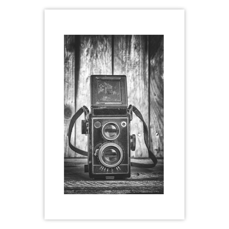 Poster Retro Dream - black and white composition with a phone on wooden planks background 137239 additionalImage 11