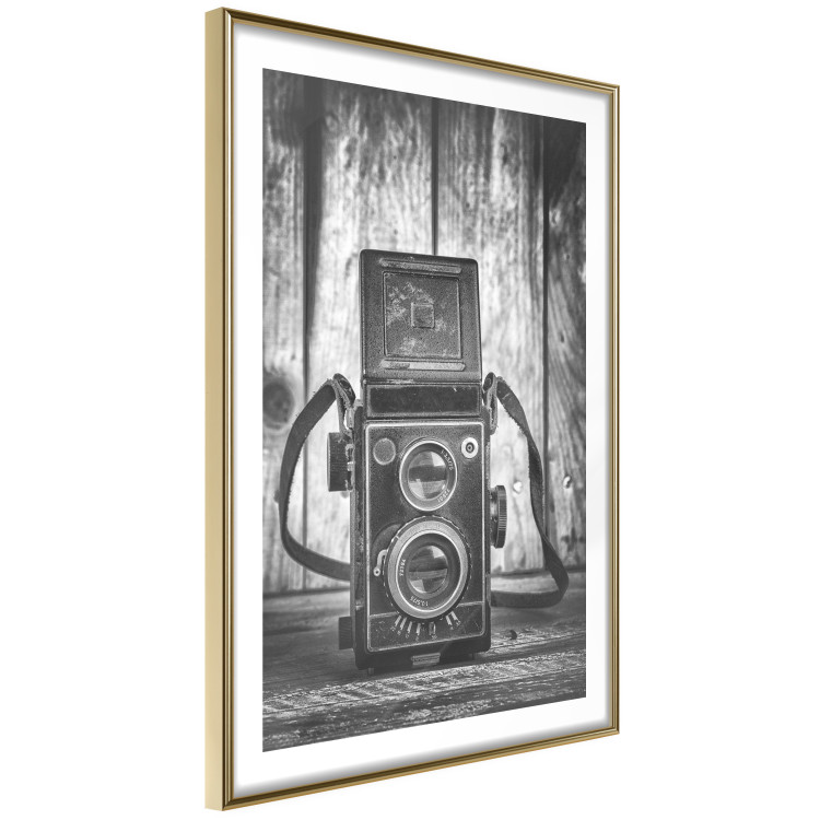Poster Retro Dream - black and white composition with a phone on wooden planks background 137239 additionalImage 8