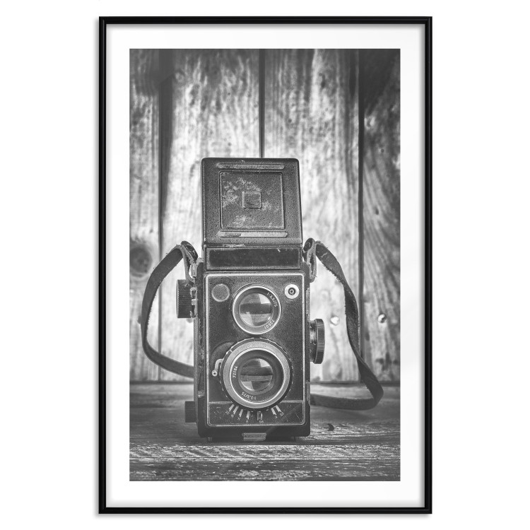 Poster Retro Dream - black and white composition with a phone on wooden planks background 137239 additionalImage 12