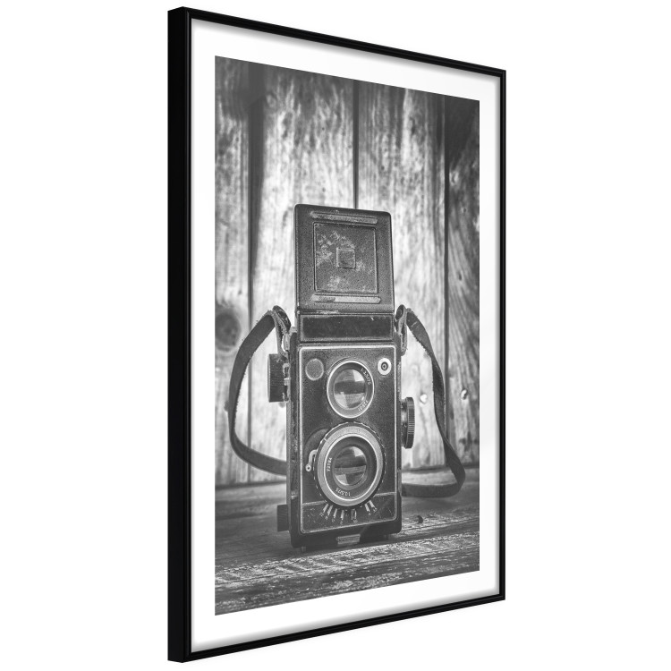Poster Retro Dream - black and white composition with a phone on wooden planks background 137239 additionalImage 3
