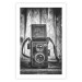 Poster Retro Dream - black and white composition with a phone on wooden planks background 137239